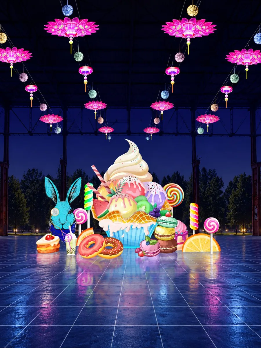 Candy and dessert themed lantern festival design rendering with a giant ice cream sculpture