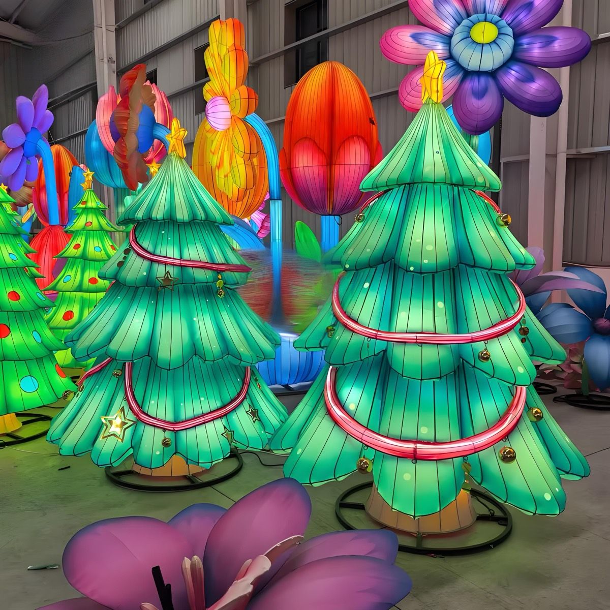 Giant Christmas tree lanterns pair with pink garland