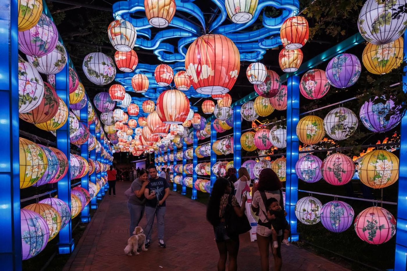Palace lantern corridor with rows of glowing hanging lanterns at night