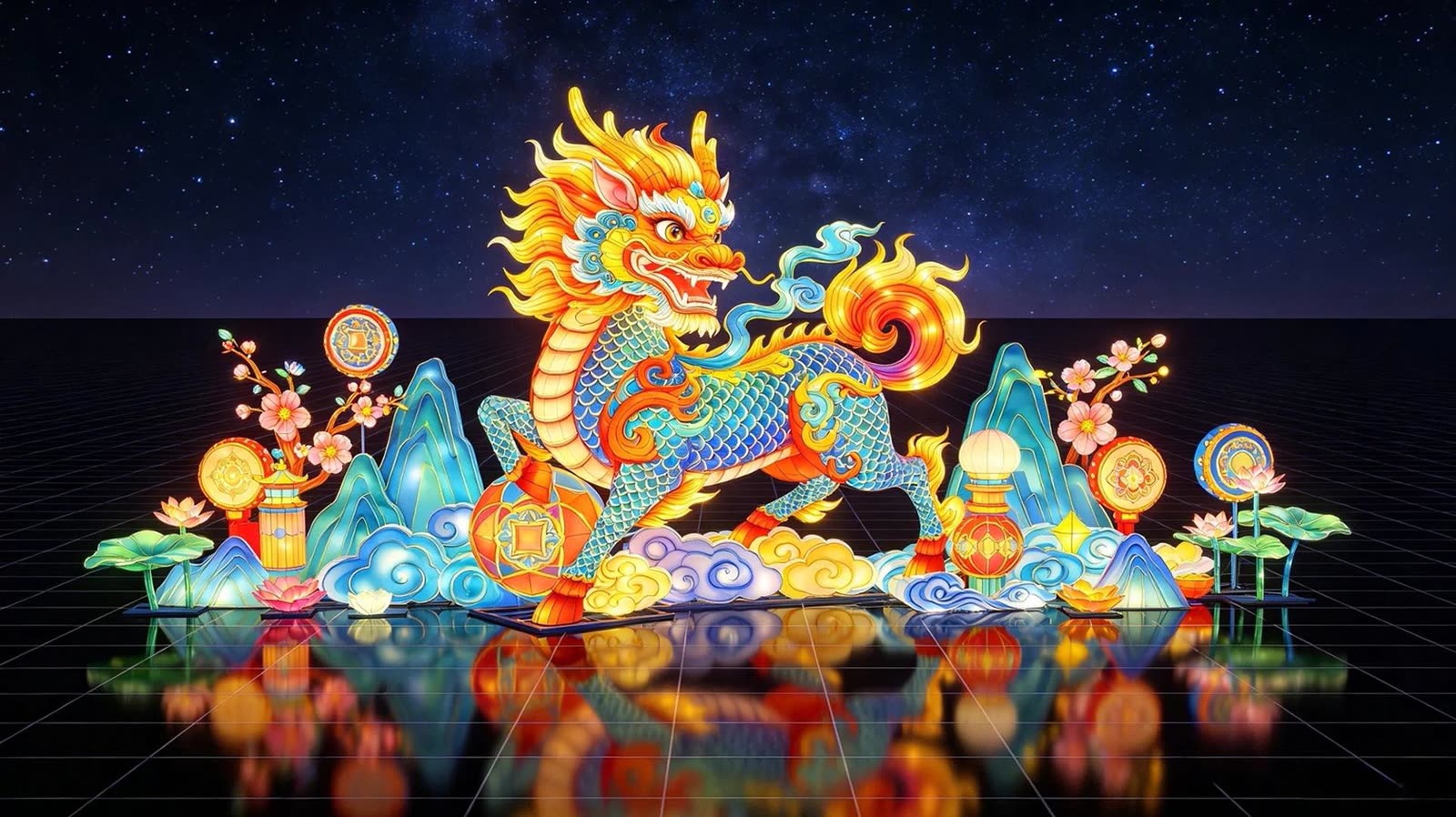 Flame-Tail Qilin mythical beast lantern with trailing flame tail at night
