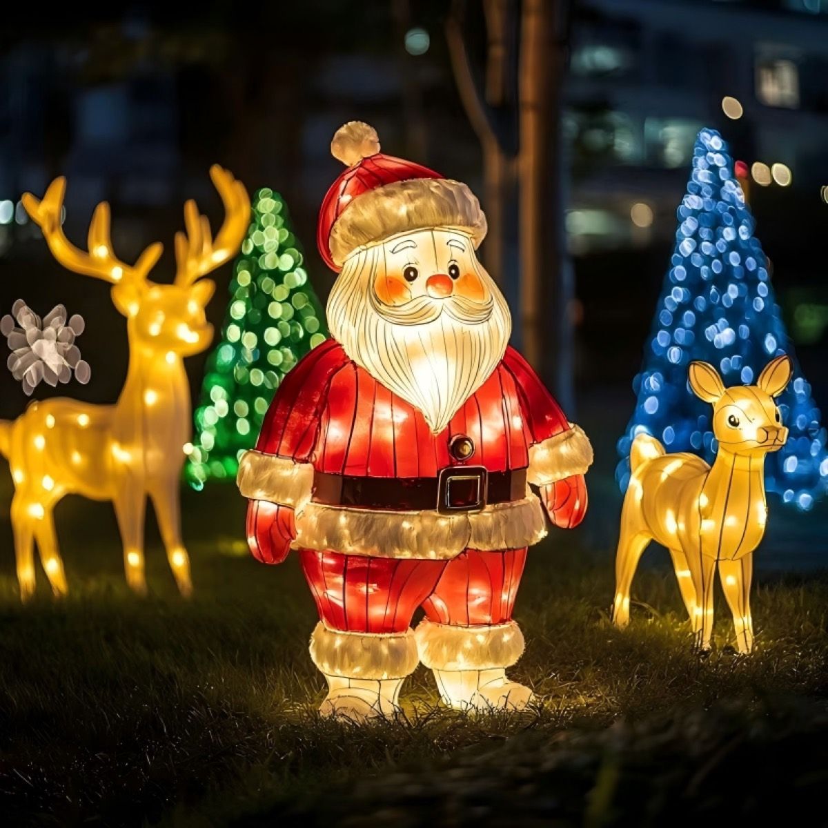 Christmas Village Scene with Santa, reindeer and lit Christmas trees at night