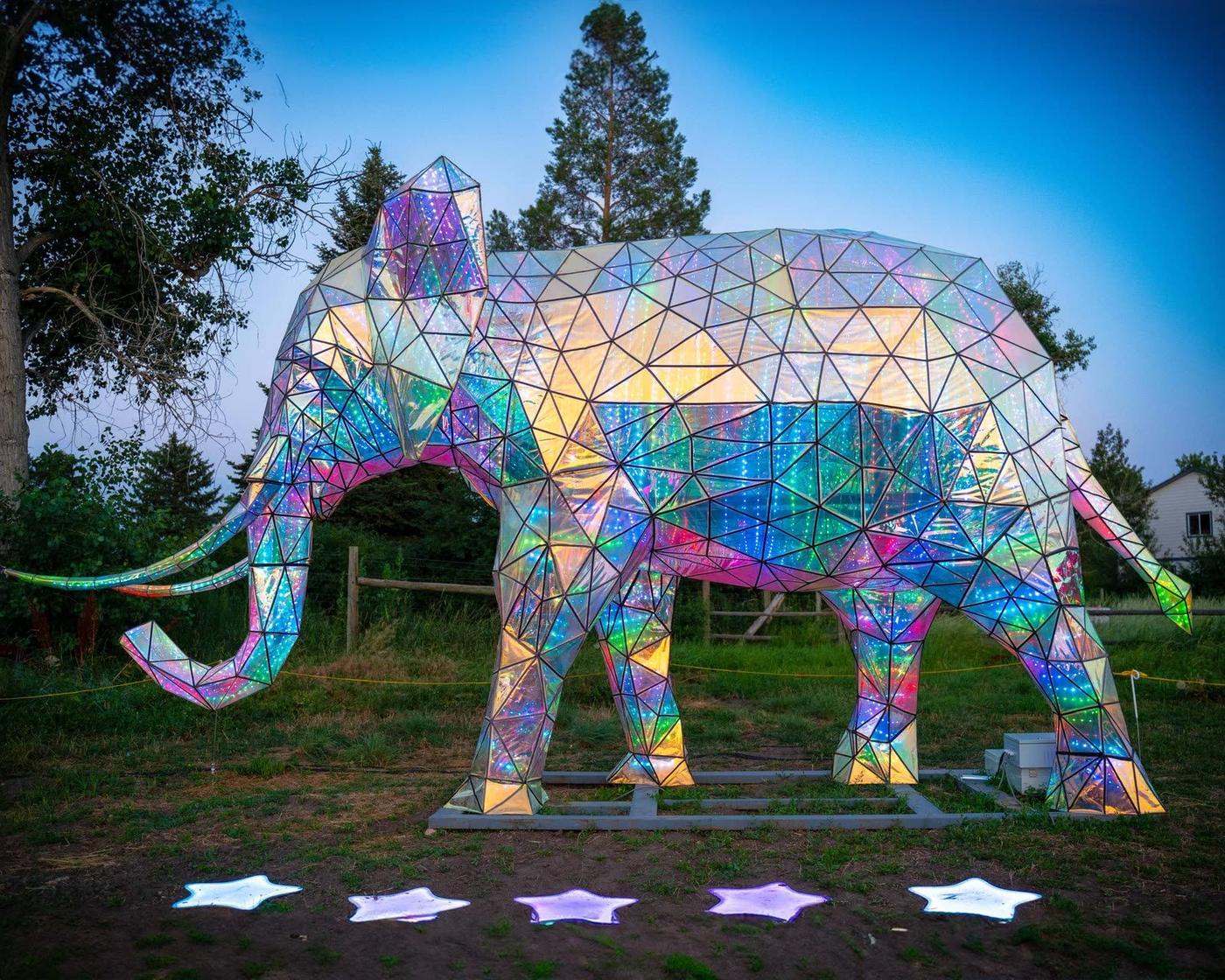 Geometric low-poly rainbow elephant custom lantern display