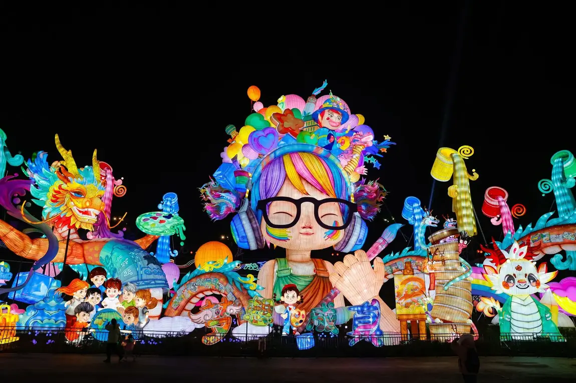 Giant anime art girl lantern scene glowing at night