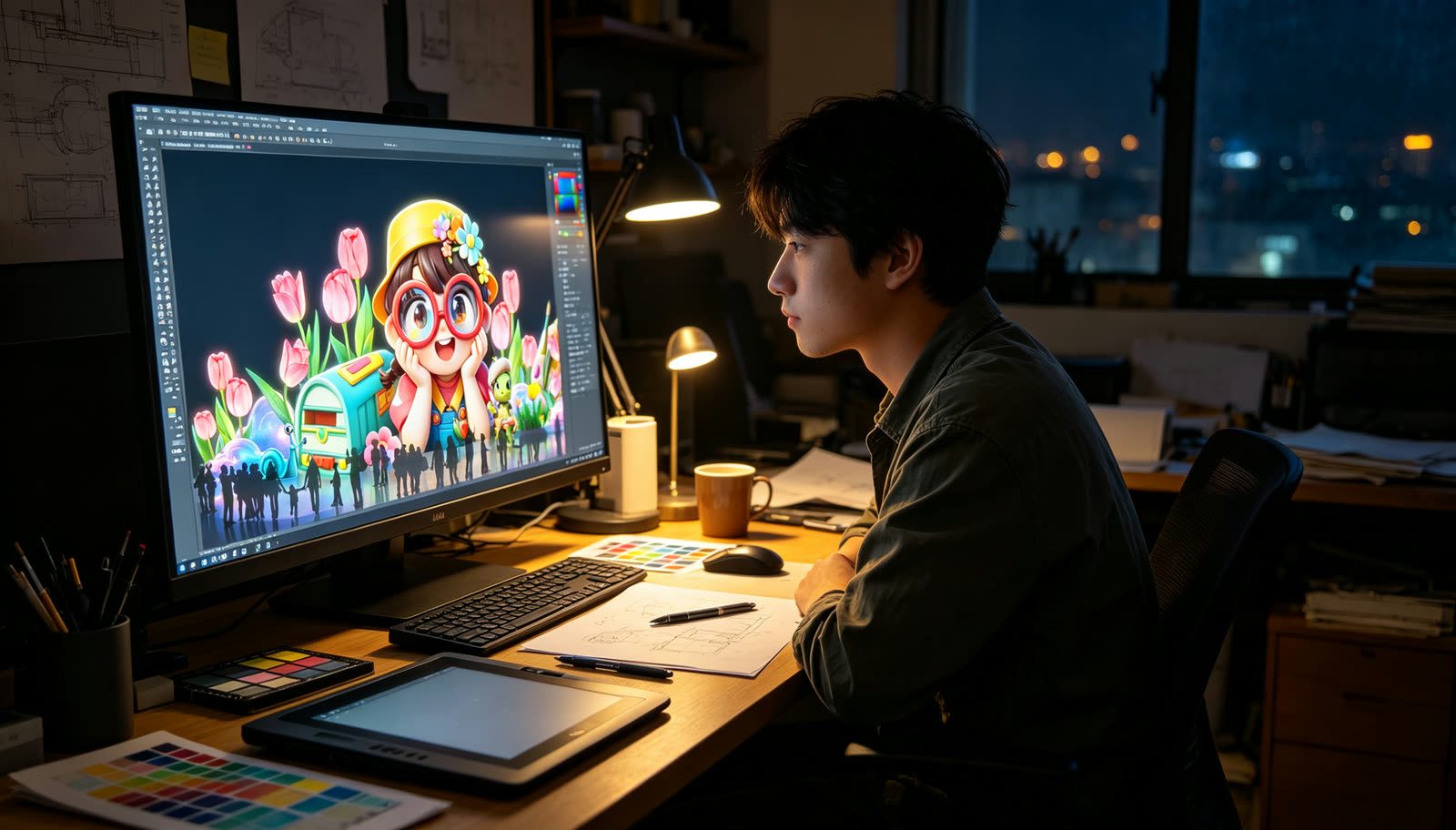 Lantern designer creating concept art and 3D renders at a digital illustration studio