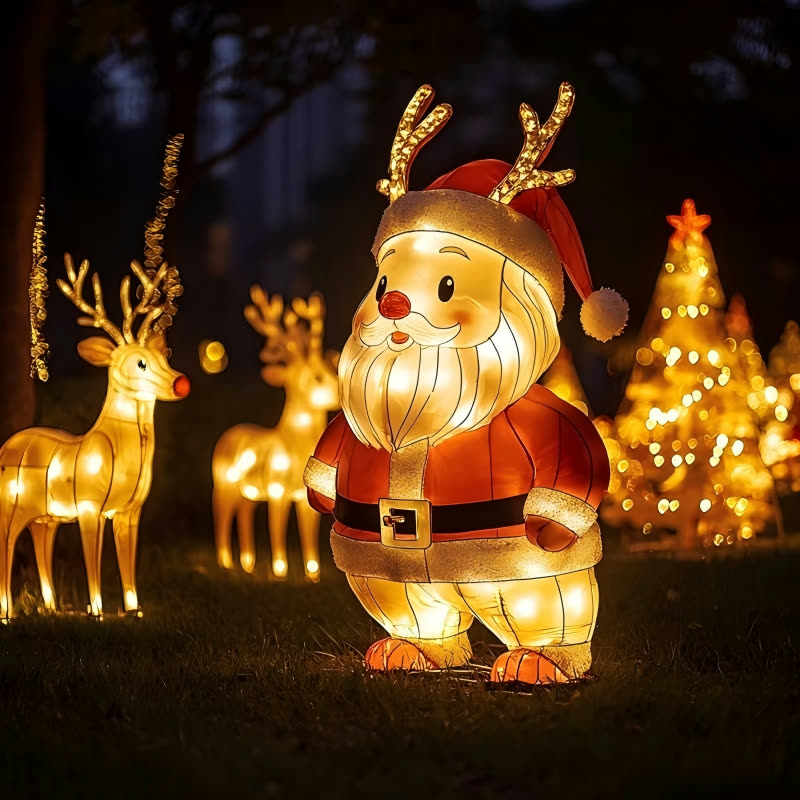 Santa Claus with golden reindeer Christmas lantern display