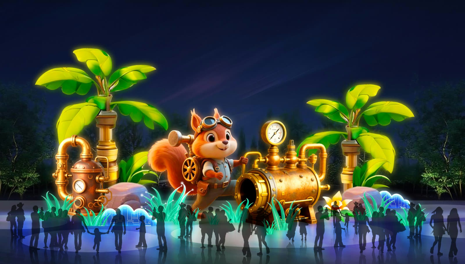 Steampunk jungle squirrel lantern scene at night